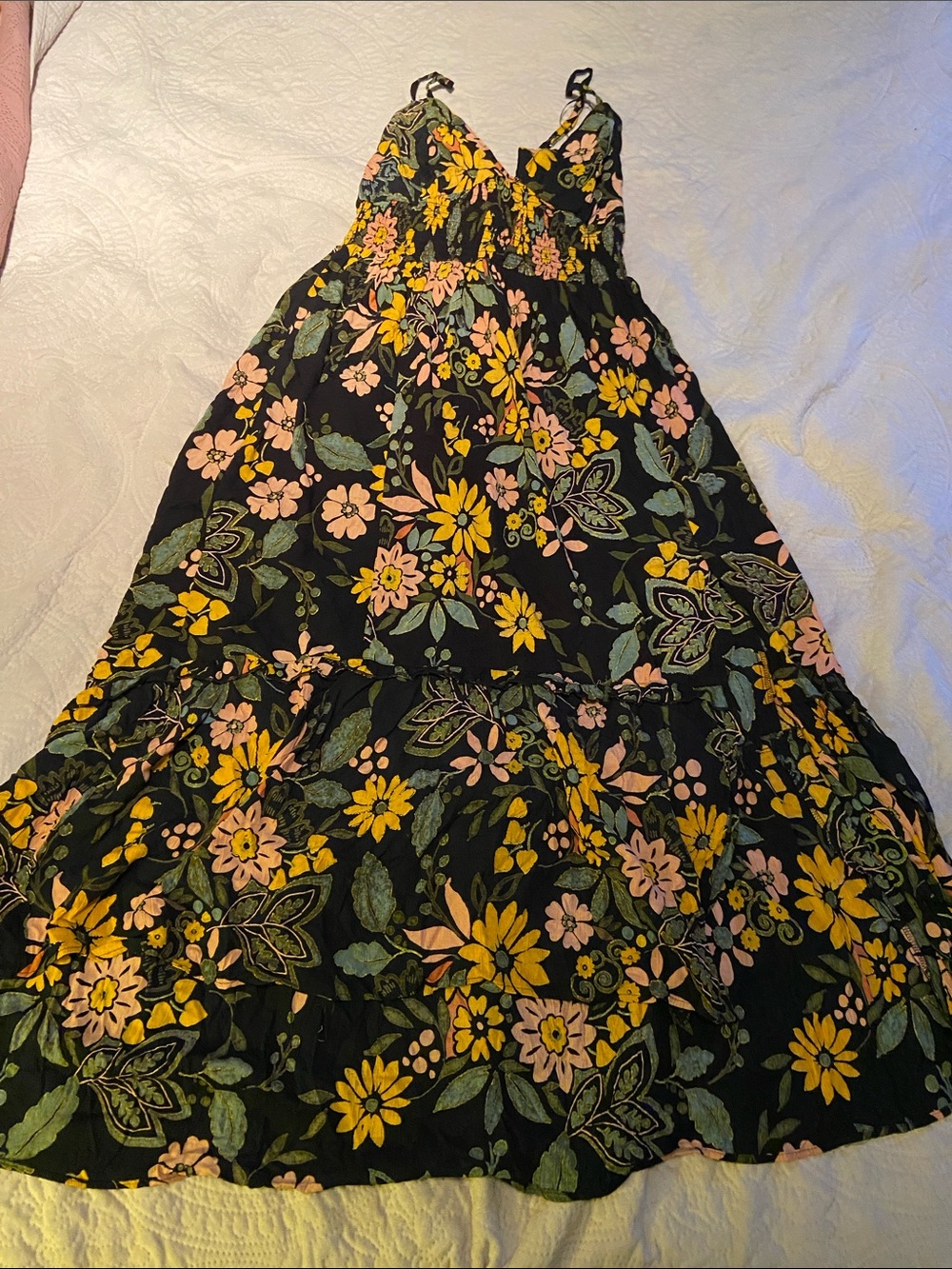 Angie Black Floral Tiered Maxi Dress with Yellow & Pink Blooms
